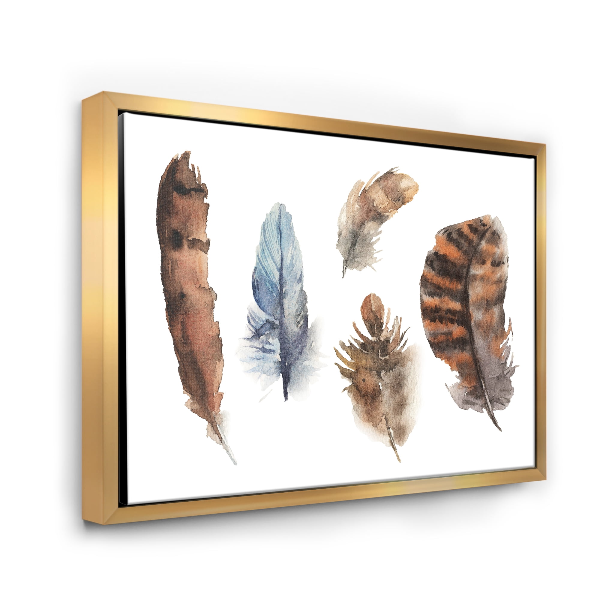 Designart 'Ethnic Boho Feathers In Earth Tones On White' Bohemian & Eclectic Framed Canvas Wall Art Print