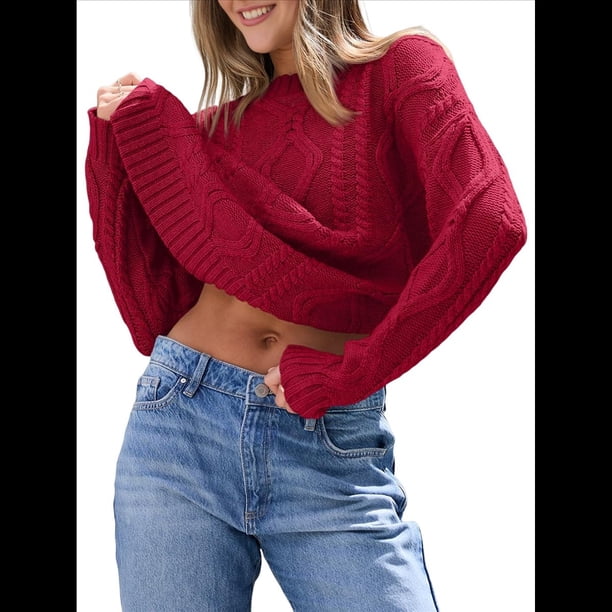 Suéteres de Cuello Redondo de Punto Extragrandes para Mujer Rojo M