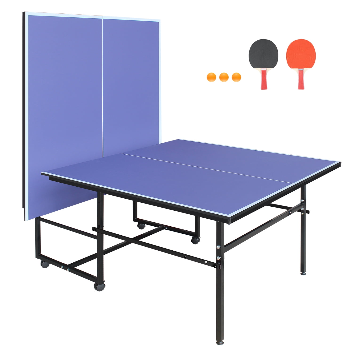 KL KLB Sport 8.5*4. 3ft Foldable Ping Pong Table with Wheels, Table Tennis Table with Net, Paddles & Balls for Indoor, Blue