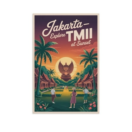 Jakarta TMII Sunset Poster Vintage Travel Indonesia Traditional Houses Wall Art Print Poster