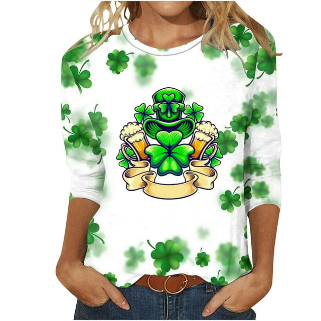 lcziwo Chandails de la Saint-Patrick pour Femmes Haut à Imprimé Vert Trèfle Irlandais Graphique Manches 3/4 Hauts 2024 Printemps Blouses à Col Rond Tunique Porte-Bonheur T-Shirt Grande Taille,P-5TG TG