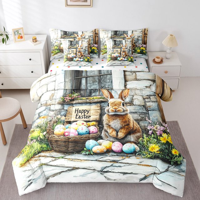 Erosebridal Ensemble de Literie Tout-en-un Très Grand size pour Pâques, Ensemble de Lit avec Lapins Mignons, Décor d'Œufs Colorés, Réversible