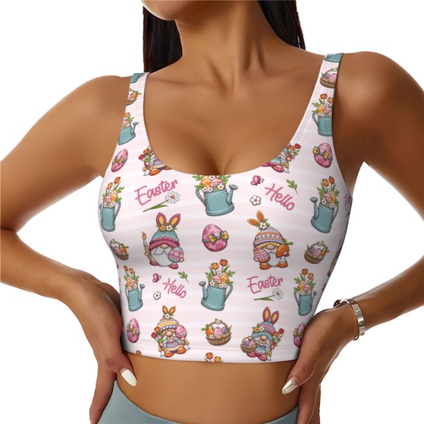 Fotbe Hello Easter Sujetador Deportivo Largo sin Aros para Mujer con Almohadillas y Soporte Medio, Transpirable y Absorbente, Camiseta Tipo Chaleco o Tank Top-Medium