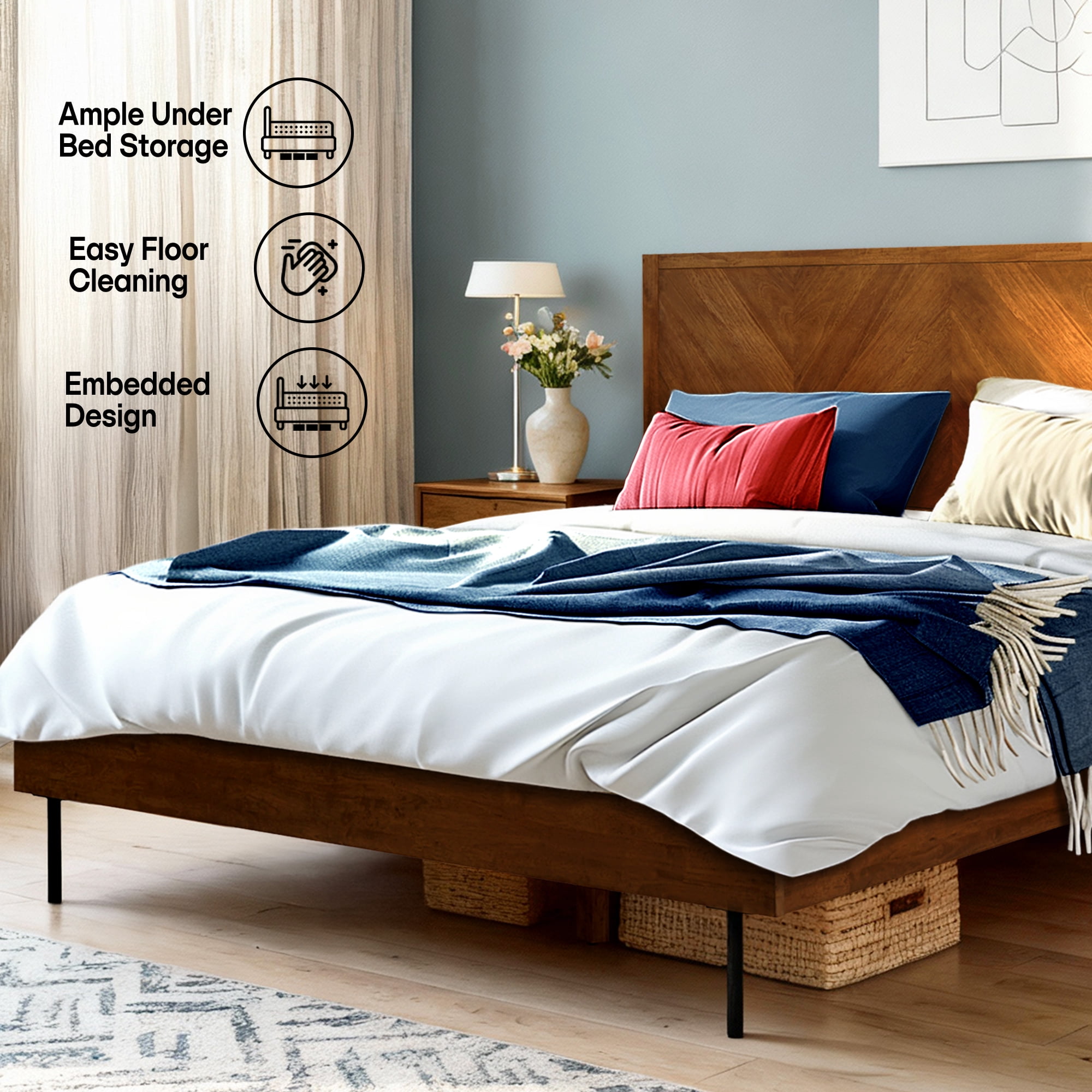 Acacia Alander Bed Frame with Headboard Bed Frame Queen Size Solid Wood Platform Bed, Scandinavian Signature High Headboard Wood Bed Compatible with All Mattress Types, 30 Mins Assembly, Walnut
