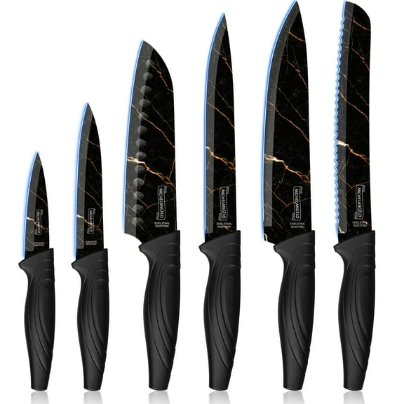 MICHELANGELO Knife Set 6 Piece with Nonstick Granite Coating, Sharp Stainless Steel Kitchen Knife Set, Professional Stainless Steel Knives Set for Home or Restaurant, Black Knife Set 6 Piece