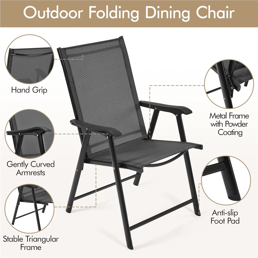 Renwick Outdoor Texteline Folding Dining Chairs with Backrest, Set of 4, Black