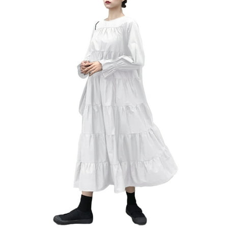dress tiered maxi loose sleeve vonda plain crew neck casual
