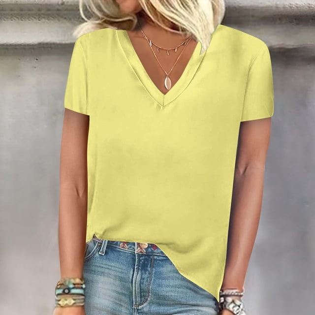 AherBiu T-Shirts pour Femmes Col en V Été Manches Courtes Hauts de Sortie Légers Basiques Unis T-Shirt Blouses