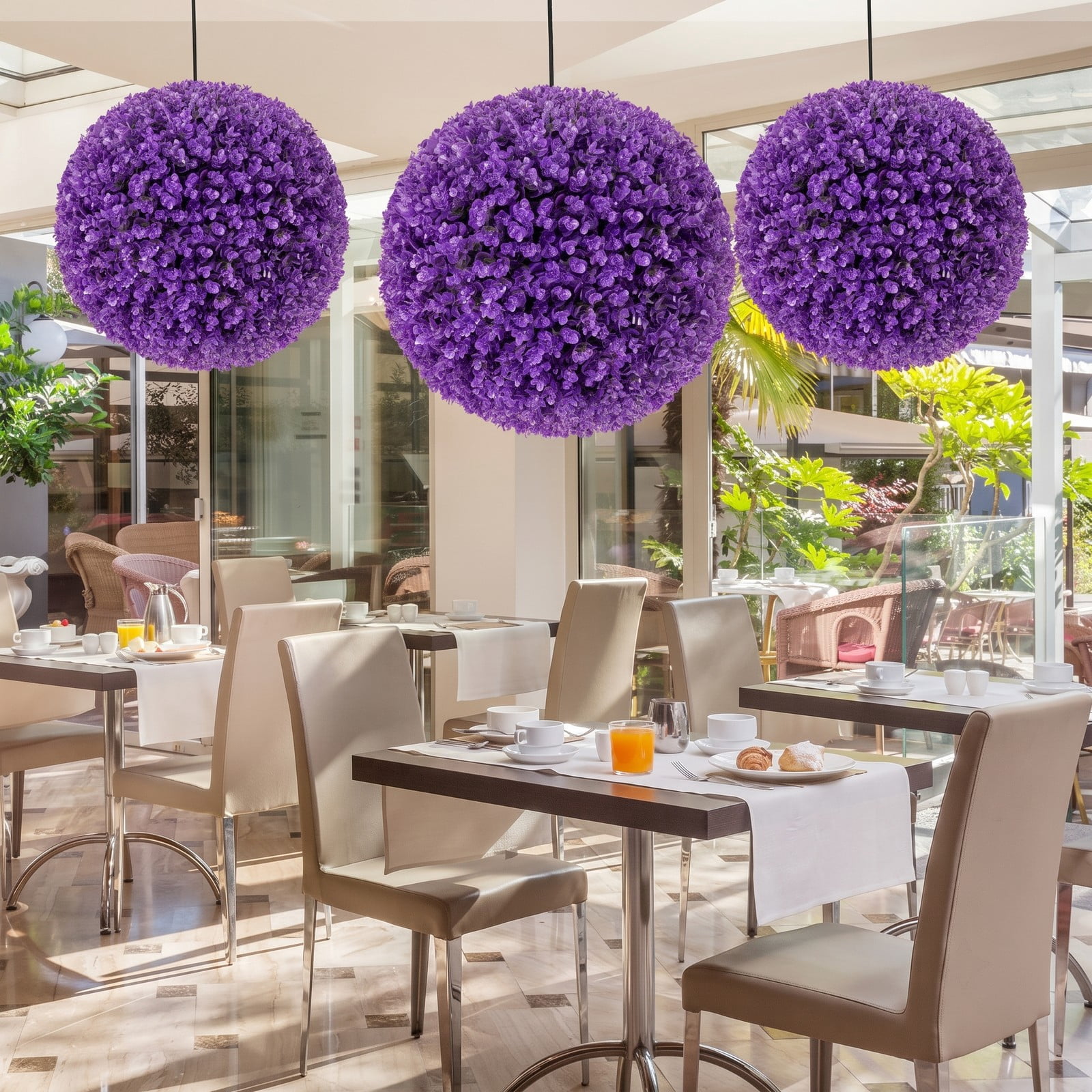 ALPULON 17.5 Inch Artificial Purple Boxwood Topiary Balls 2 Pack, 7-Layer Decorative Plant Spheres for Indoor Outdoor Garden Doorway Lawn, Purple