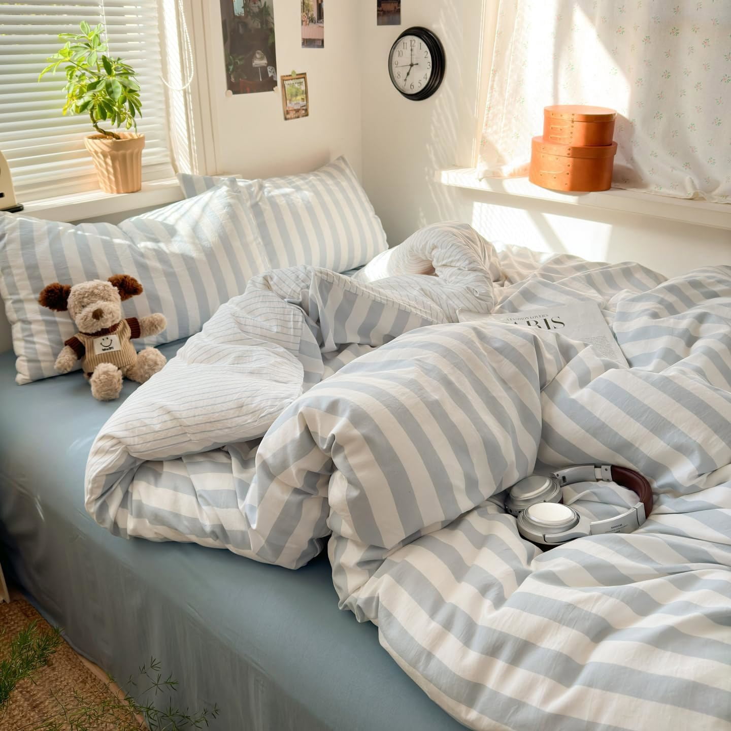 Duvet Cover Stripes Blue White Bedding Microfiber Duvet Cover Sets with Zipper Queen Size
