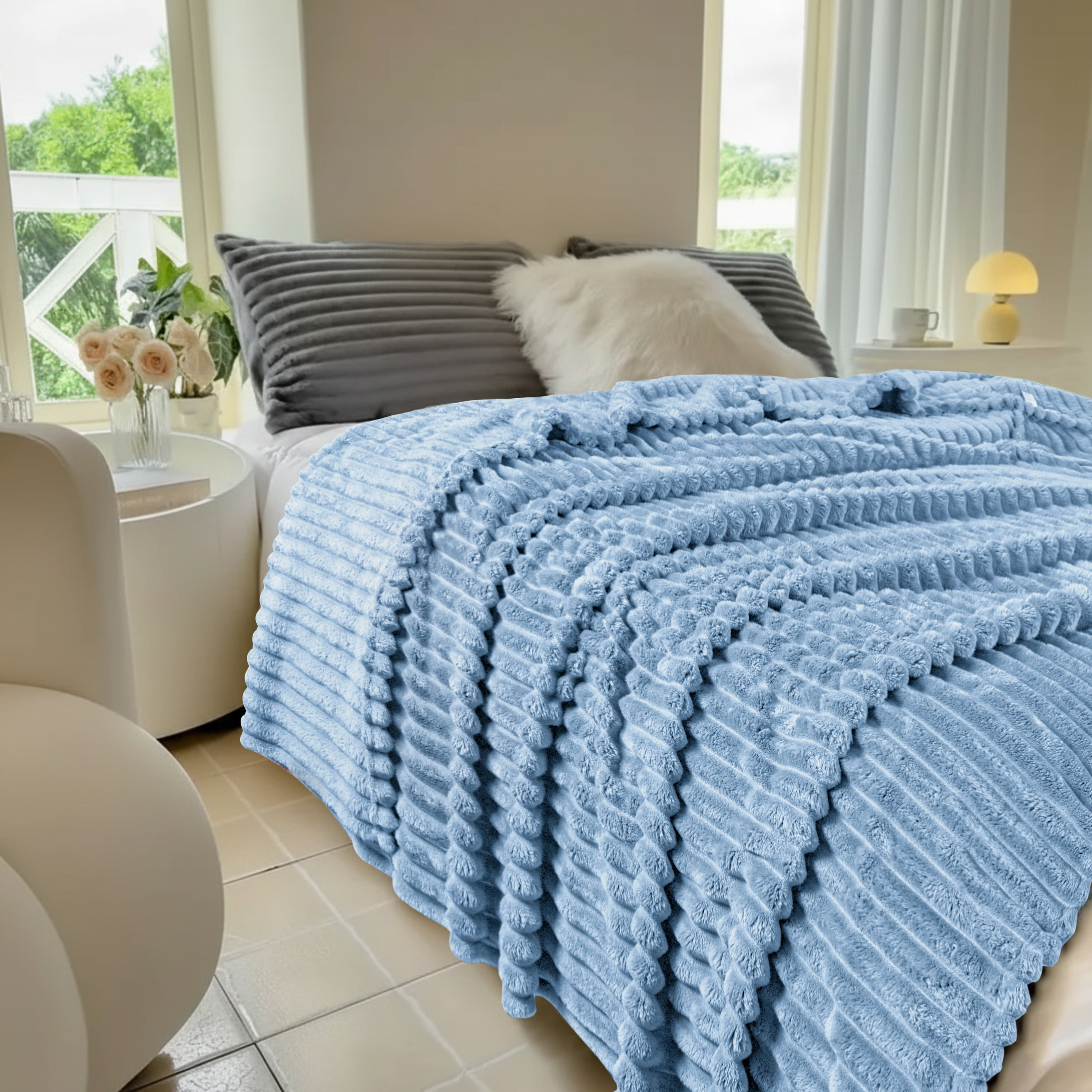 Fleece Blanket Queen Size 90" x 100" - 400GSM Oversized Soft Throw Blanket, Lightweight with Stripes Design Winter Blanket for Bed Sofa Couch
