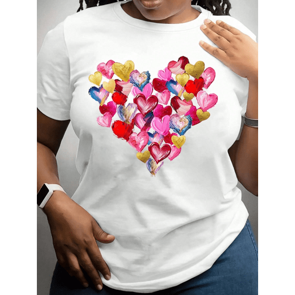 Valentine’s Day Heart Print T-Shirt for Women, Casual Daily Wear