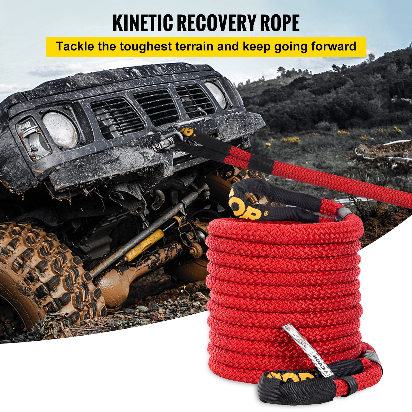 VEVOR 7/8" x 31.5' Recovery Tow Rope, 29,300 lbs, Heavy Duty Nylon Double Braided Kinetic Energy Rope w/ Loops and Protective Sleeves, for Truck Off-Road Vehicle ATV UTV, Carry Bag Included, Red