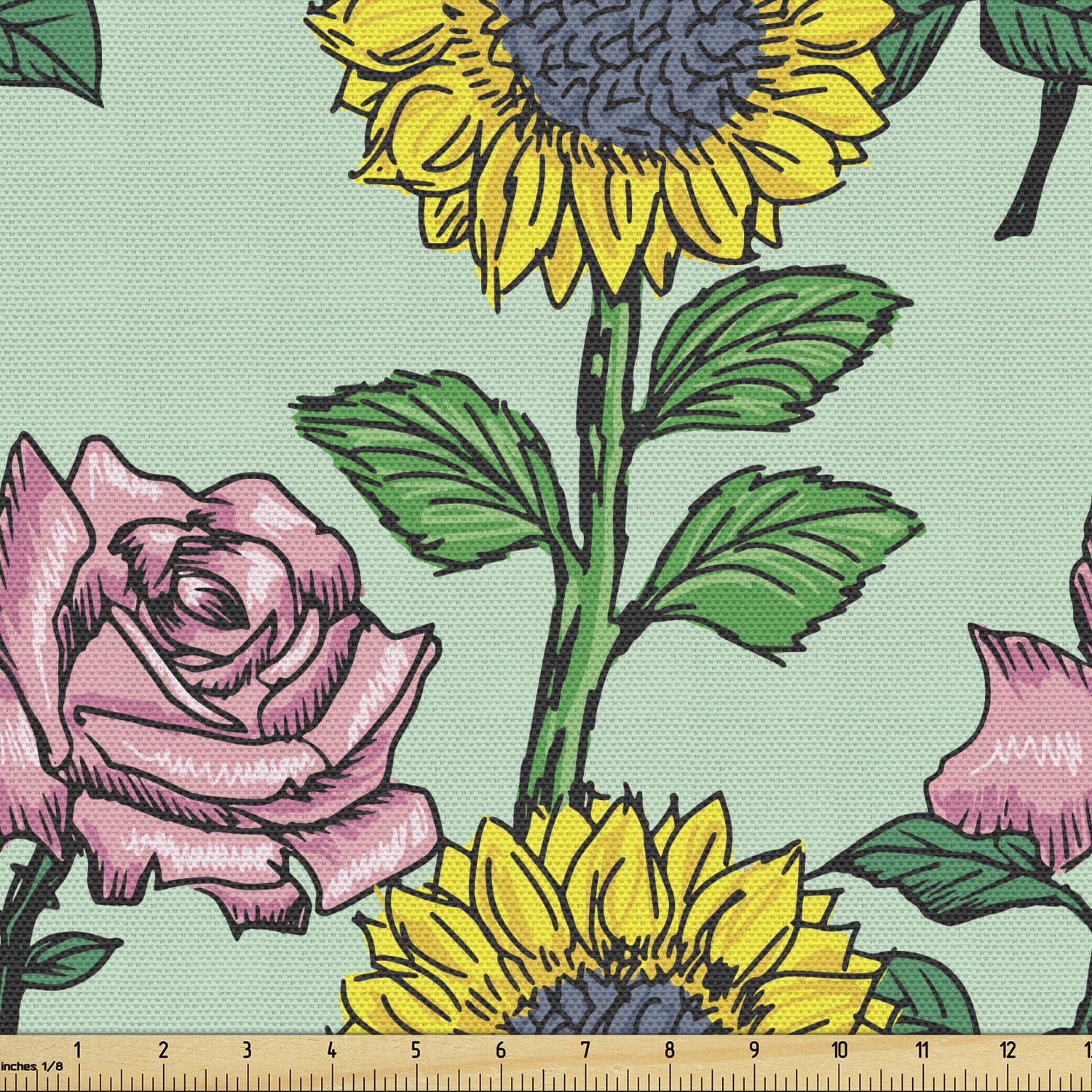 Flower Fabric by the Yard, Cartoonish Blossoming Sunflower and Roses
