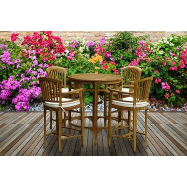 5 Piece Teak Wood Orleans Bar Patio Dining Set With Cushions