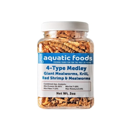 4-Type Medley Mix of Freeze Dried Superworms, Krill, Red Shrimp, Mealworms for Reptiles, Turtles, Tortoises, Frogs, Hamsters, Birds, Rodents…2oz Small Jar