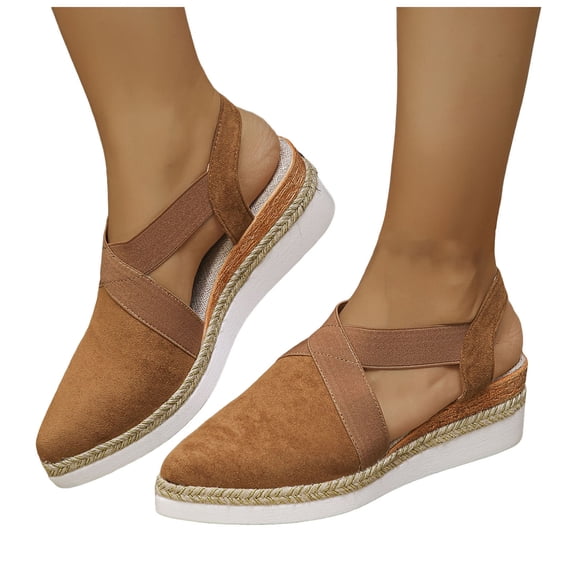 Women's Lightweight Slip On Close Toe Wedge Sandals Canvas Ankle Strap Comfortable Non Slip Platform Sandal Brown Size 9.5