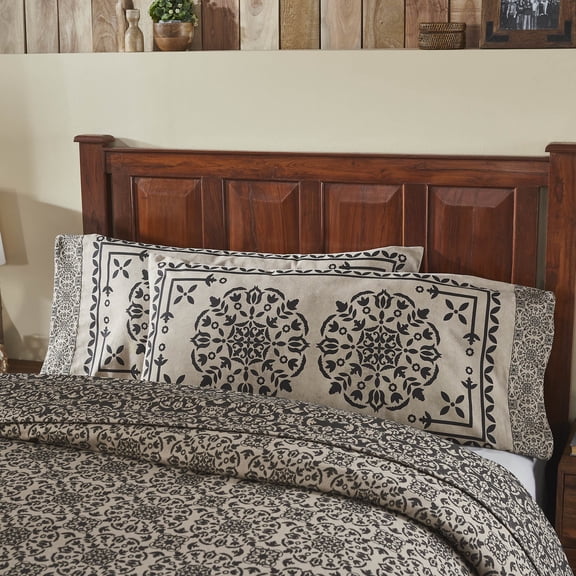 VHC Brands Custom House Black & Tan Jacquard King Pillow Case Set of 2 21x40 4, Cotton Pillow Case, Country Covers for Pillows, Custom House Collection, Rectangle 21x44, Natural