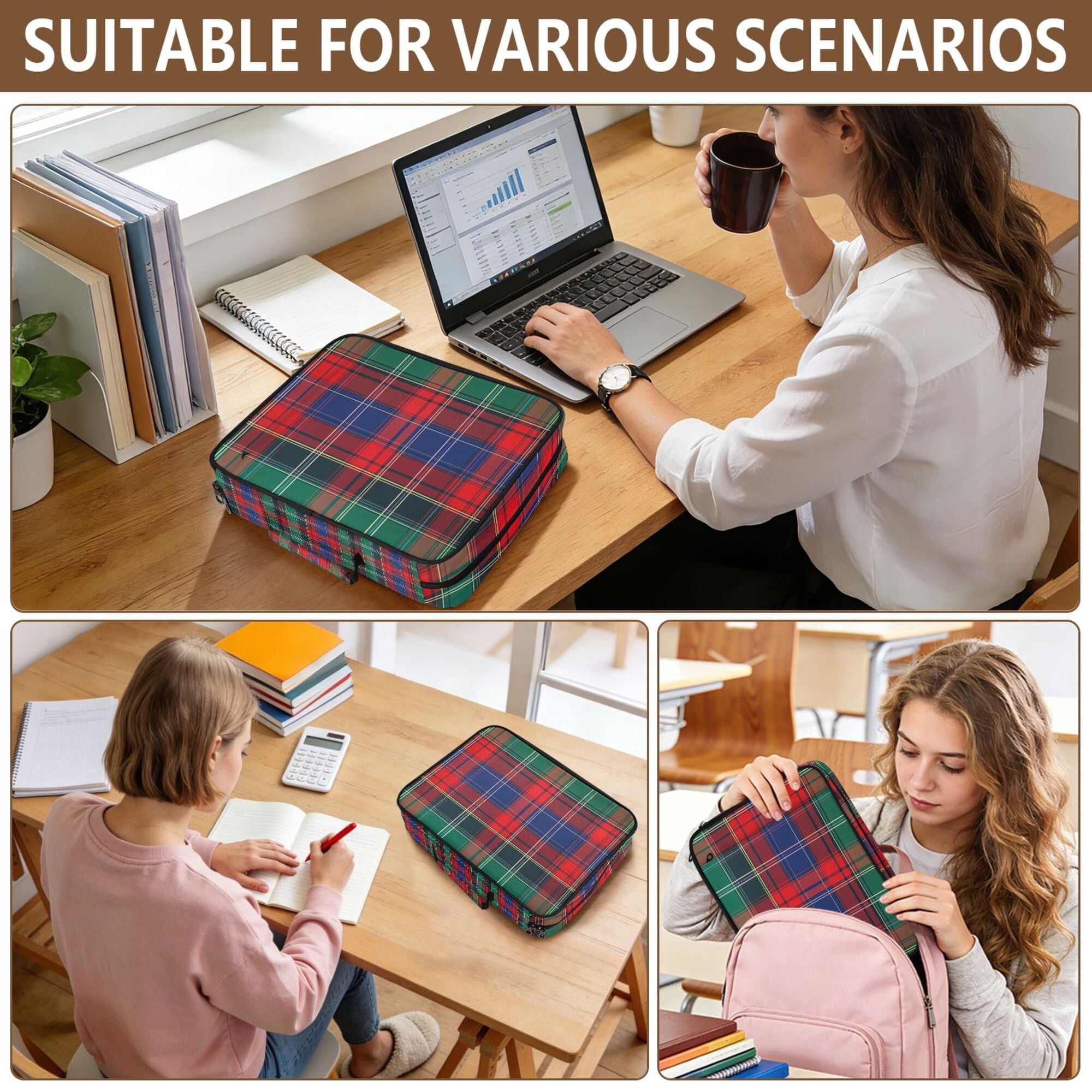 FORMRS Accordion File Folder A4 Size 7-Pocket Expanding Document Organizer Bag with 3 Ring Binder, Red Green Pattern