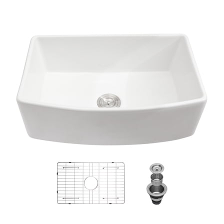 White Farmhouse Sink - 33 inch White Kitchen Sink Ceramic Arch Edge Apron Front Single Bowl Farm Kitchen Sinks