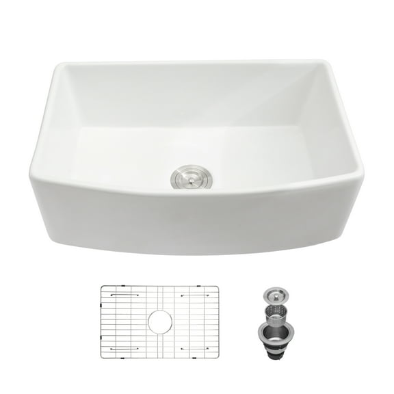 White Farmhouse Sink - 33 inch White Kitchen Sink Ceramic Arch Edge Apron Front Single Bowl Farm Kitchen Sinks