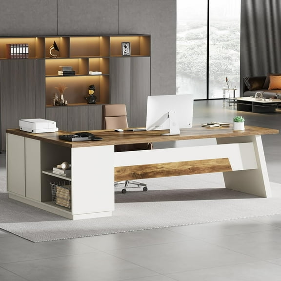Tribesigns 78" L-Shaped Executive Desk, Large Modern Office Desk with Drawers and Lateral File Cabinet (Brown   White)