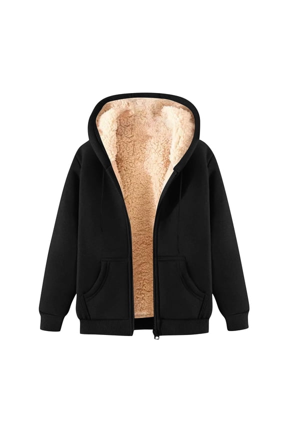 Unisex Women's Fleece Hoodie Jacket Cozy Sherpa Lined Zip Up Warm Hoodie Sweatshirt Winter Fluffy Sweater Hooded Coat Black XL