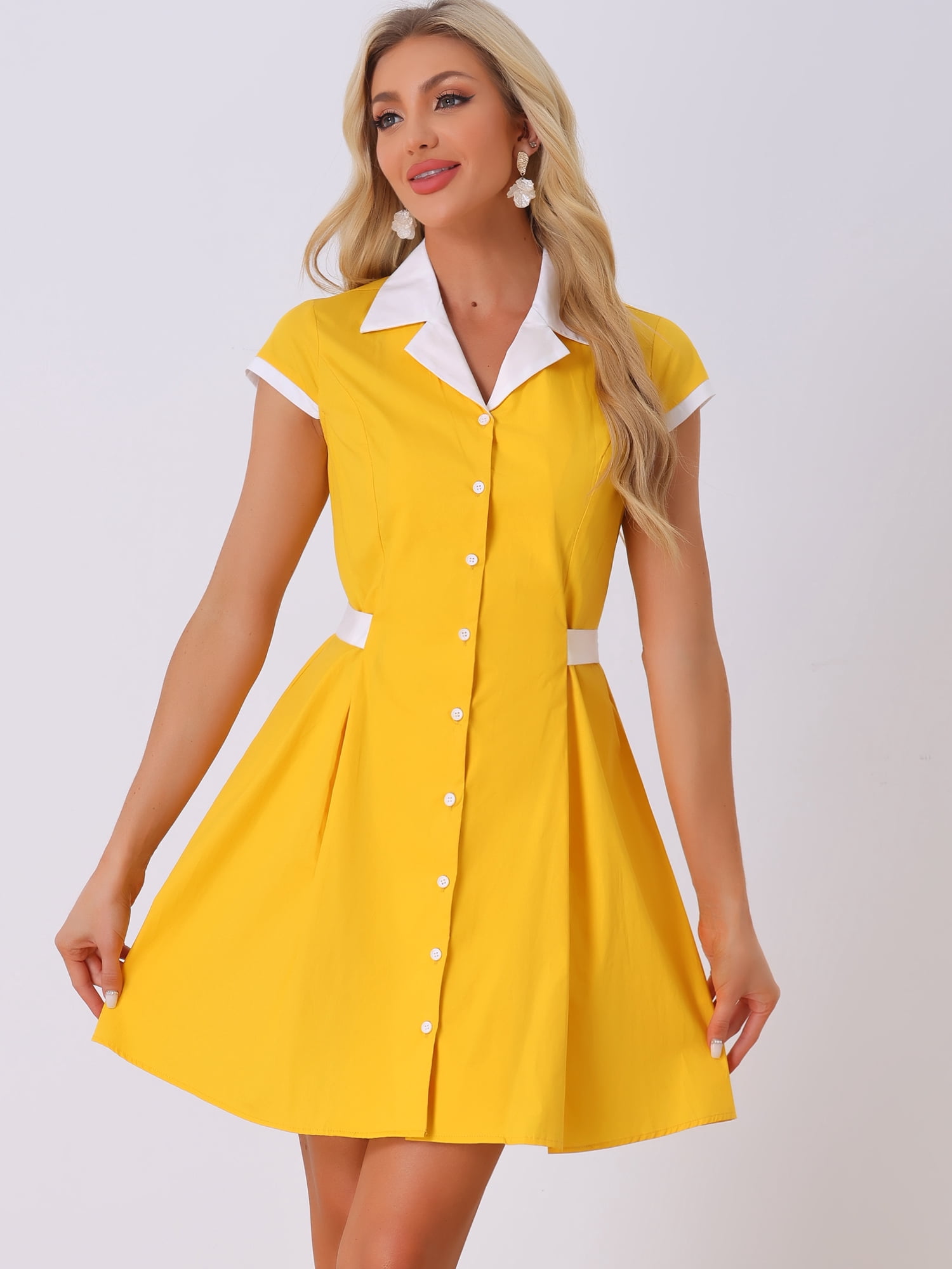 DARING DIVA Belted Contrast Camp Collar A-Line Shirt Dress M Yellow
