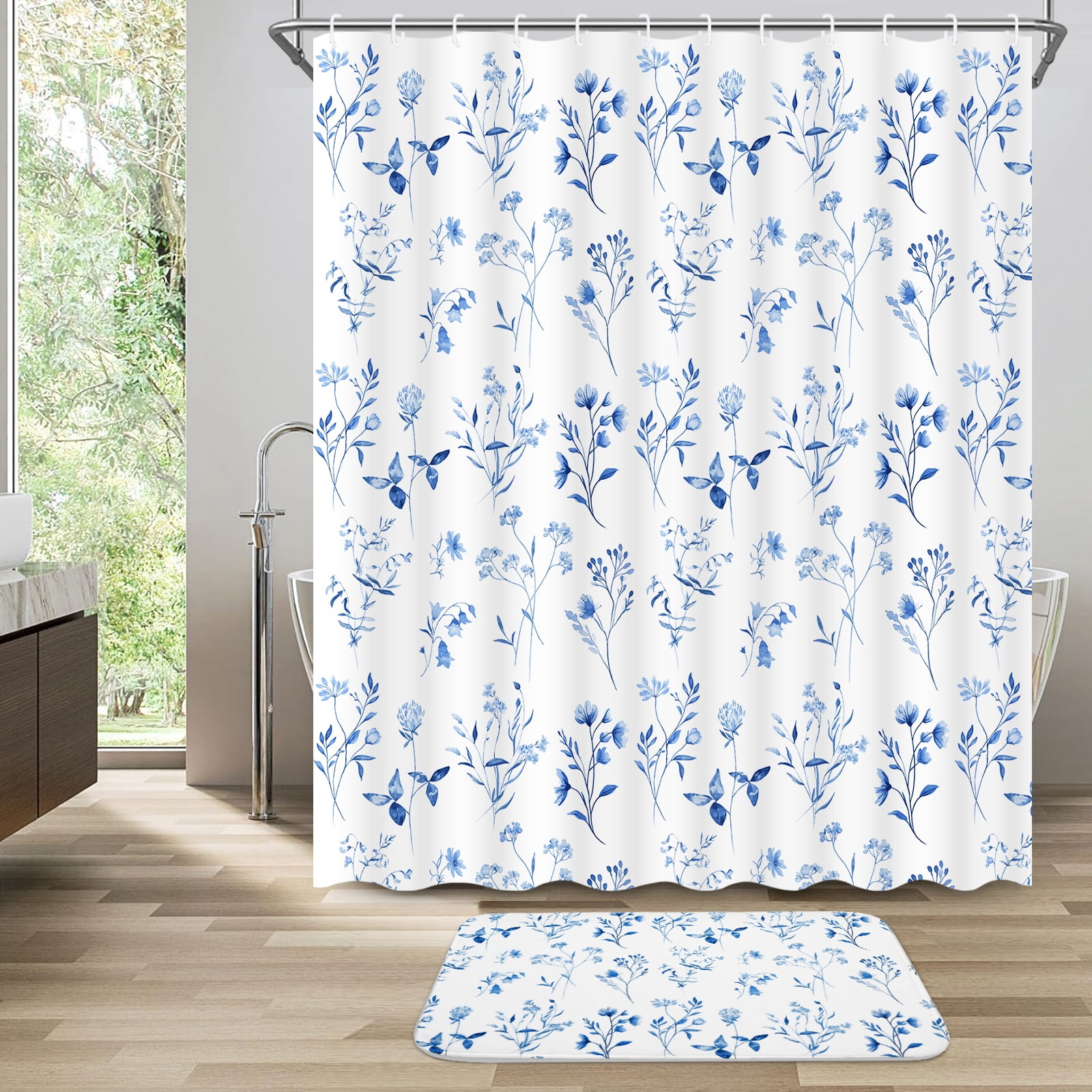 FRAMICS 16-Piece Watercolor Floral Shower Curtain Sets with Rugs, Blue Botanical Bathroom Sets, Waterproof Fabric Bathroom Curtain Decor with Hooks