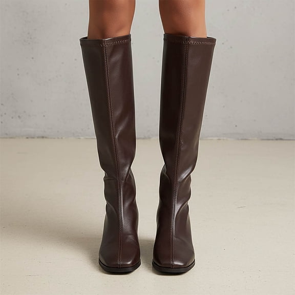 Women's Knee High Boots Zippered Casual Winter Boots Low Block Heel Solid Color Faux Leather Comfortable Walking Shoes for Daily Outdoor Indoor Use Brown D