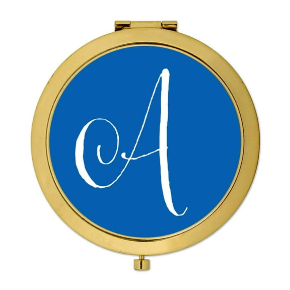 Koyal Wholesale Gold Compact Mirror Bridesmaid's Wedding Gift, Royal Blue, Monogram Letter A, 1-Pack