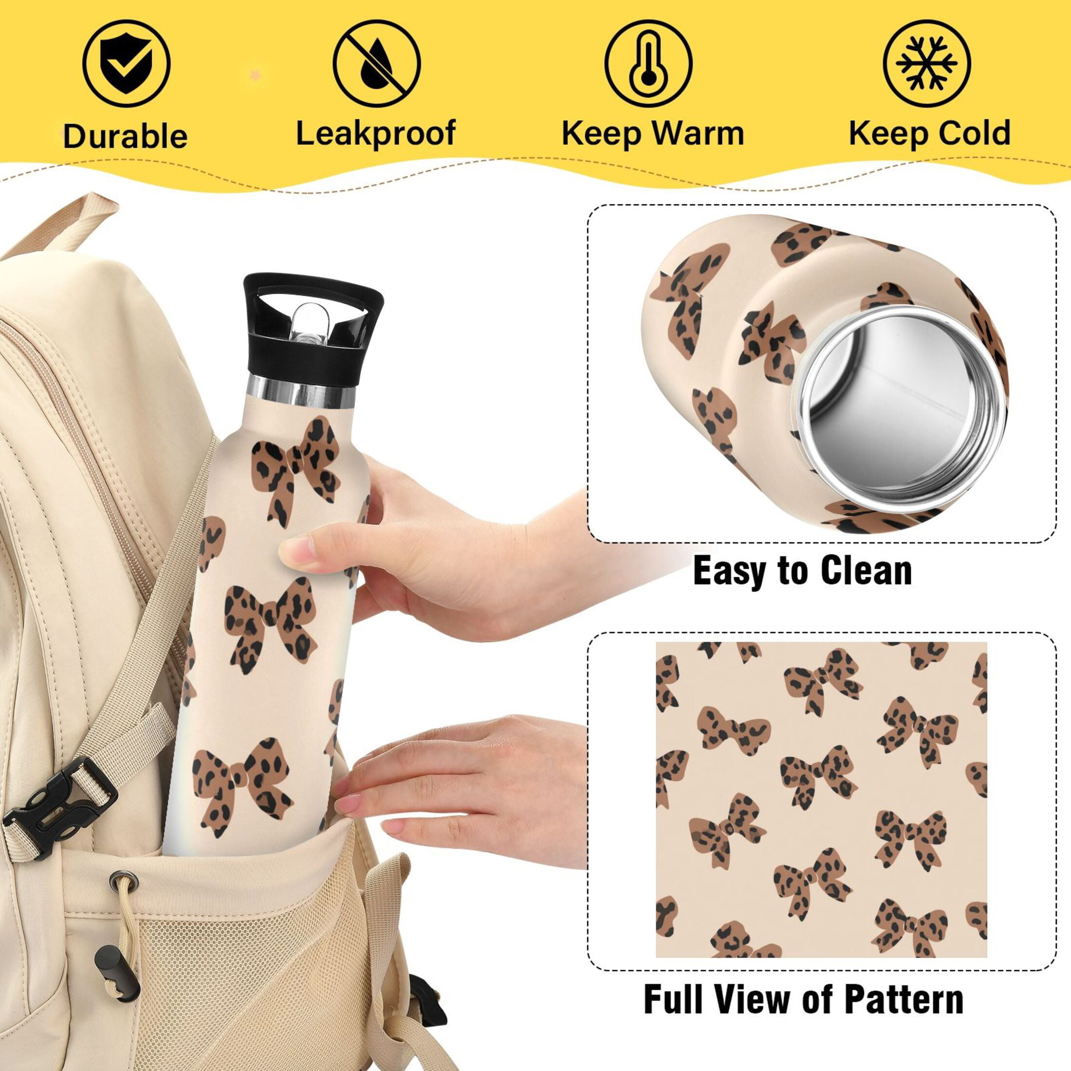Kids Insulated Stainless Steel Sports Water Bottle 600ml (20oz) Cute Brown Bow