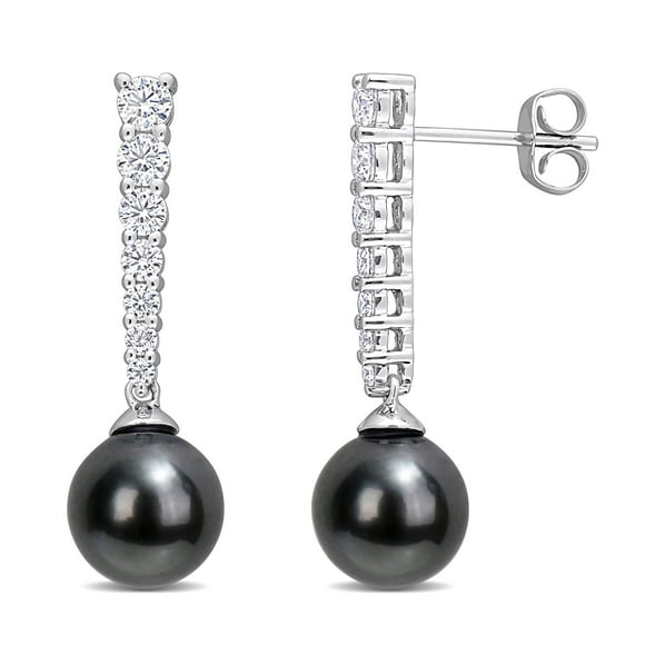 Miabella 8-8.5mm Black Tahitian Cultured Pearl and 3/4 Carat T.G.W. Moissanite 10k White Gold Dangle Earrings