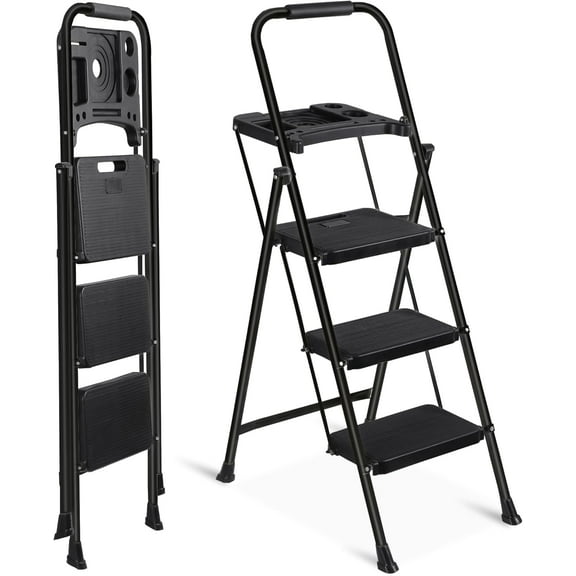 ANHXN Ladder with Tool Tray, Folding Step Stool with Wide Anti-Slip Pedal and Handgrip, Heavy Duty Steel Step Ladder for Home Kitchen Office Shop