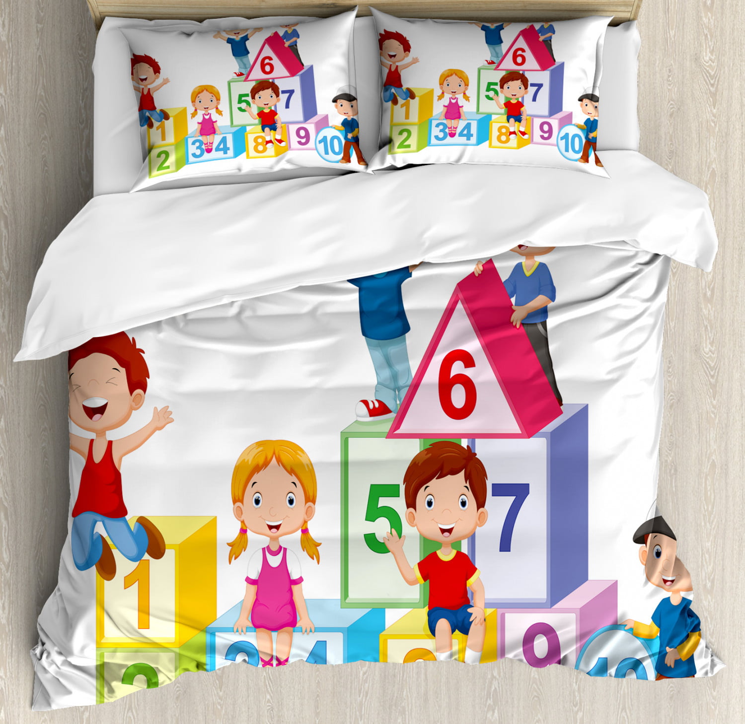 Educational Queen Size Duvet Cover Set Happy Kids Boys And Girls With Number Blocks Triangle Rectangle And Square Decorative 3 Piece Bedding Set With 2 Pillow Shams Multicolor By Ambesonne Walmart Com