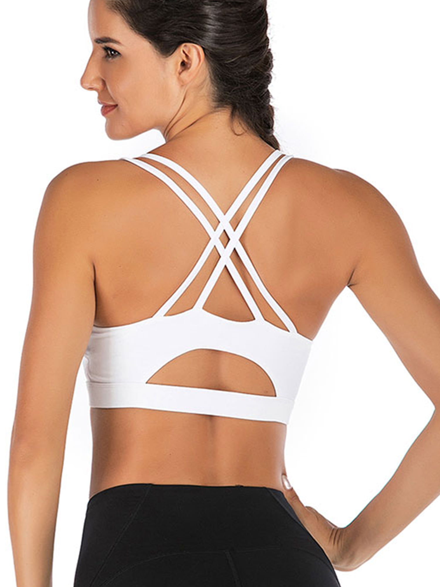 Women Yoga Cami Sports Bra Padded Strappy Bralettes Cropped Workout Top Backless 