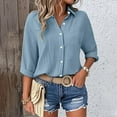 thumbnail image 2 of Yubnlvae Women's Linen Button-Down Shirt - Oversized V-Neck 3/4 Sleeve Casual Blouse (Muslin Cotton | Beach Style) (Light blue | M), 2 of 9