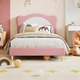 thumbnail image 5 of Eastvita Twin Size Princess Platform Bed Frame - Adjustable Scallop Velvet Headboard, Pink + White, 5 of 6