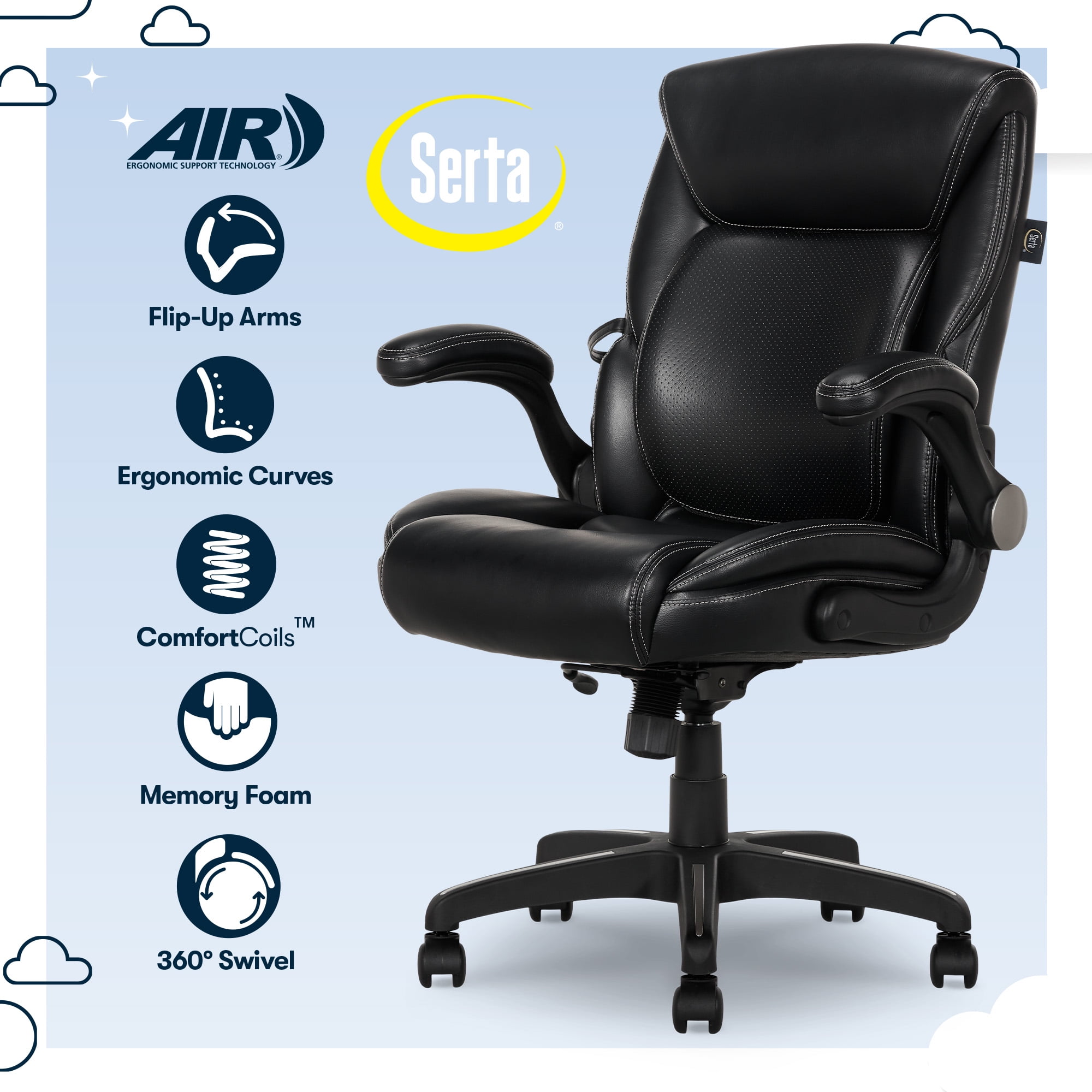 Serta Air Lumbar Bonded Leather Manager Office Chair, Black