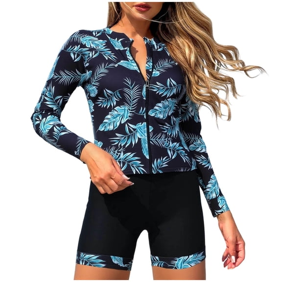 WRKEKC Tankini Swimsuit Women Hawaiian Print Modest Zip Front Sun Protection 2 Piece Set with Removable Cups and Bottoms
