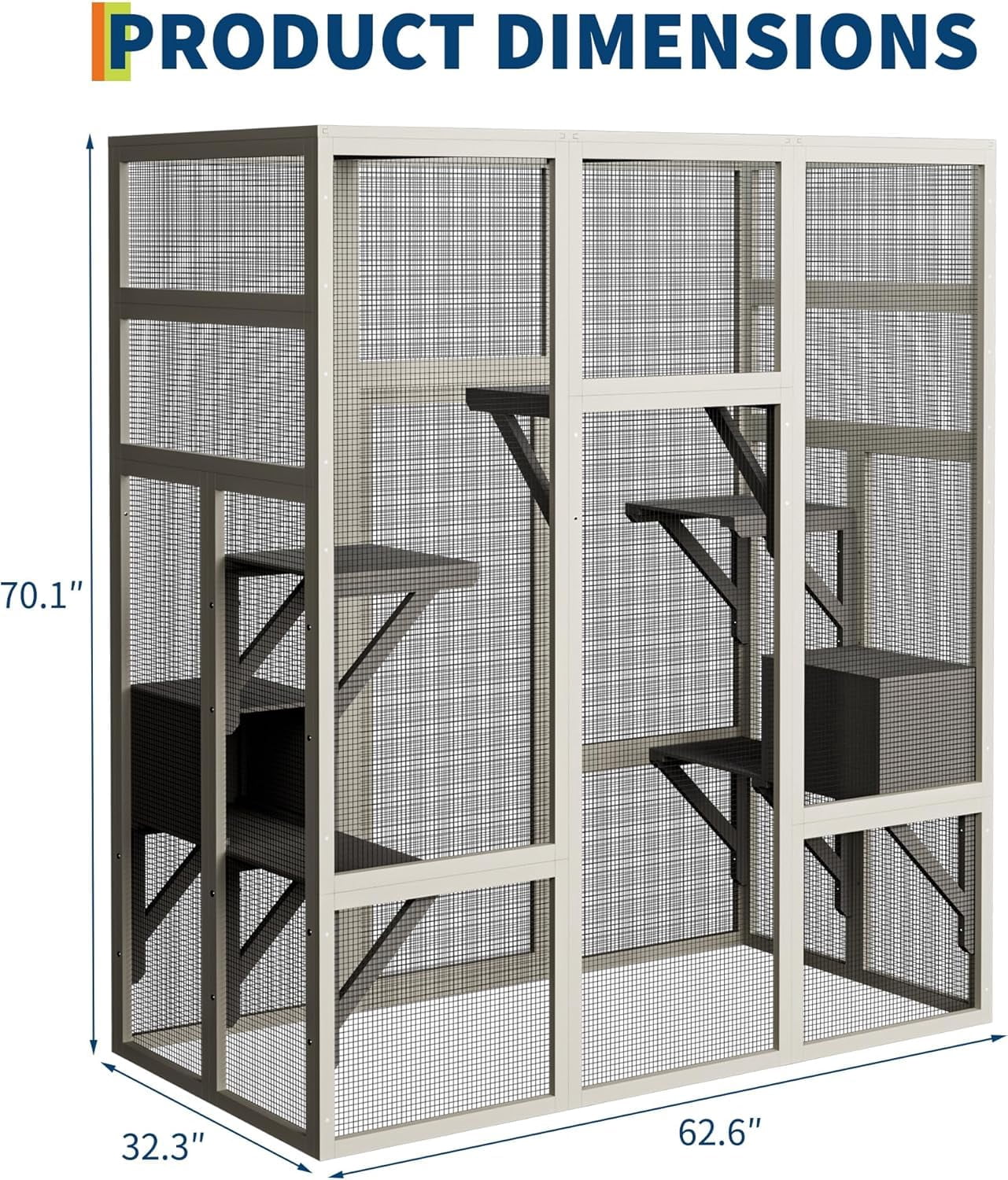 70" Large Outdoor Catio Cat Enclosure, Wood Cat Patio with Waterproof UV-Resistant Roof, Cats Shelter with 5 Platforms and 2 Resting Box, and Secure Rust-Proof Wire for Backyard or Patio