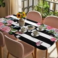 thumbnail image 3 of Pink Flowers Table Cloths for 4 Foot Rectangle Tables, Spring Floral Butterflies Black White Striped Farmhouse Patio Waterproof Elastic Fitted Tablecloths, Rectangular Table Cover for Camping, 3 of 8