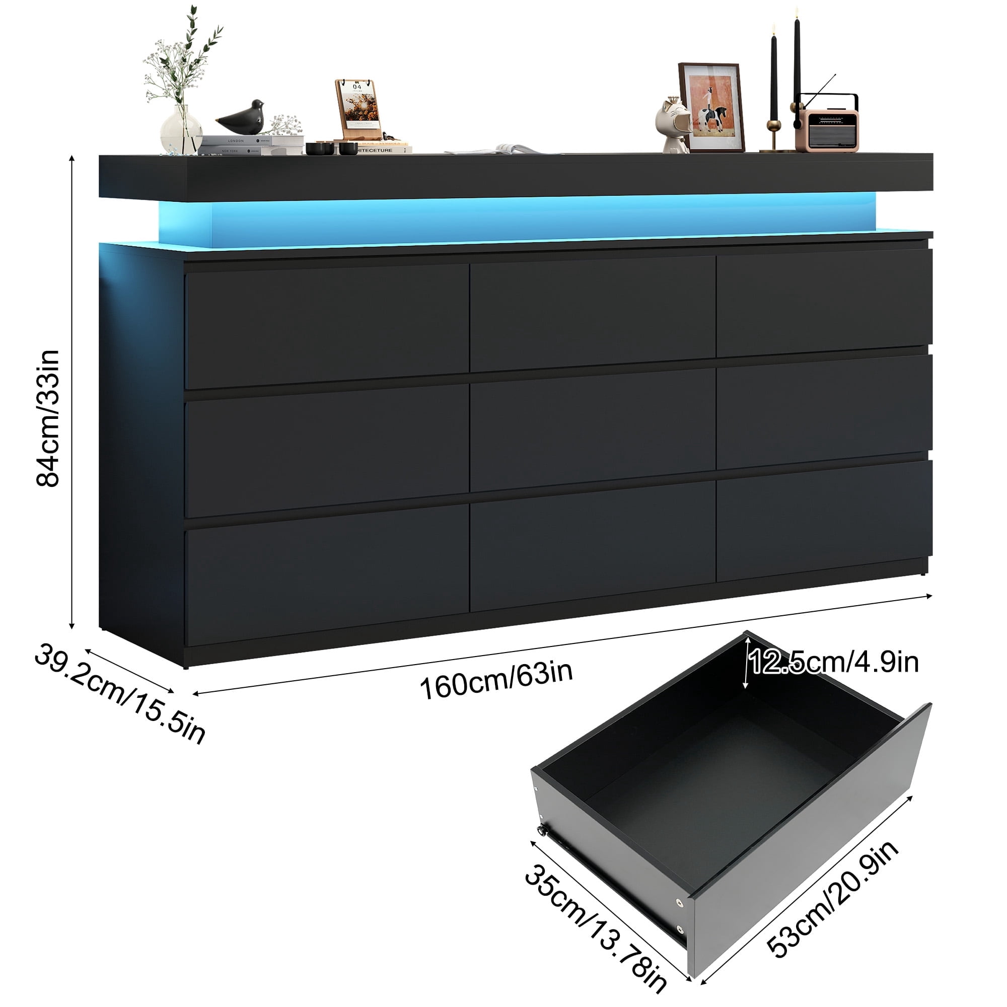 ChVans Black 9 Drawer Dresser with LED Lights, 63" Wide Modern Wood Chest of Drawers with Charging Station & Handle Free, LED Black Dresser for bedroom, Living Room, Entryway, Hallway