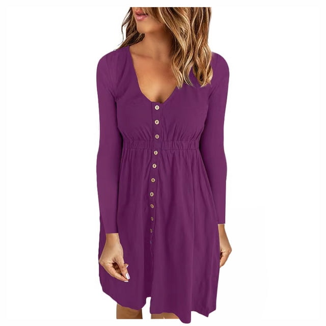Vestidos Para Mujer Vestidos de Otoño Casual Otoño Sólido Erógeno Cuello en U Botones Manga Larga Cintura Vestido Odeerbi ODB132555