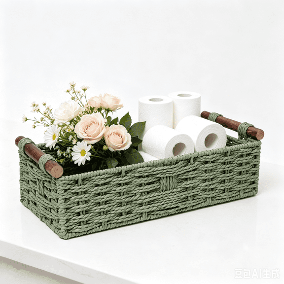 Round Paper Rope Storage Basket, Wicker Baskets for Organizing with Handles, Decorative Small Bin for Countertop Toilet Paper Tank Top, Green