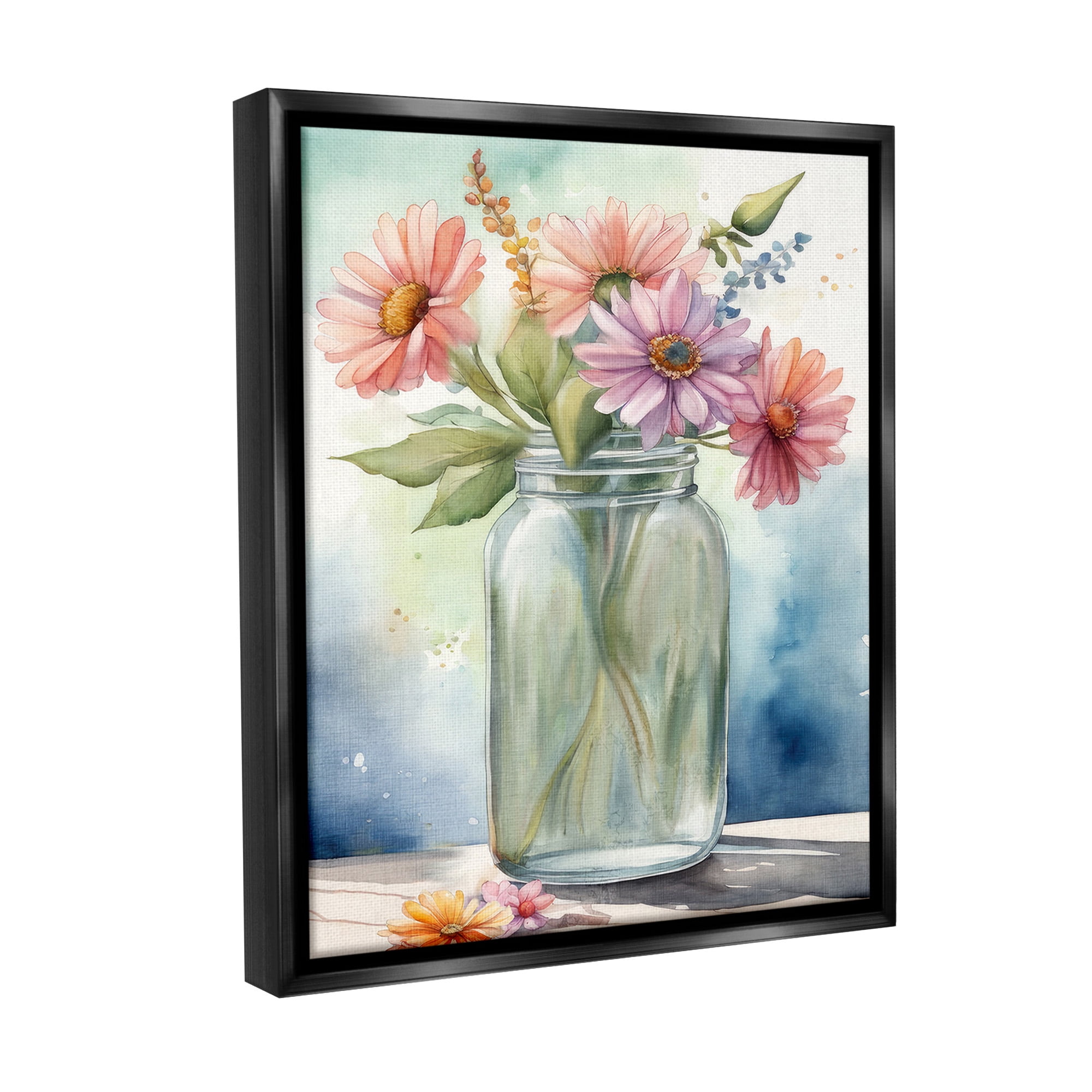 Stupell Industries Gerbera Daisies in Jar Botanical & Floral Painting Black Floater Framed Canvas Art Print Wall Art, 17 x 21