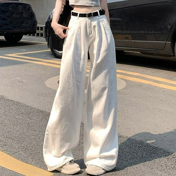 Odbmxy Wide-Leg Women Jeans Plus Size Full Length High Rise Pants Women Palazzo Casual Loose Denim Stretch Pockets Jeans,White XXL