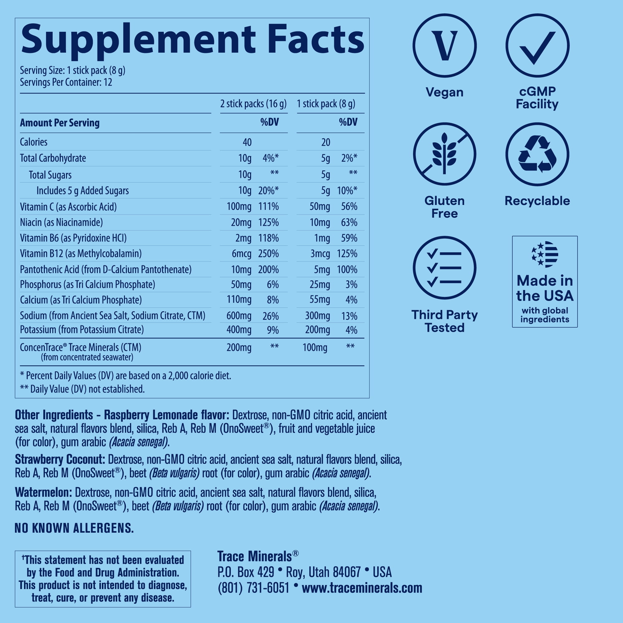 Trace Minerals Hydro Pak Sport Drink Mix Variety Pack, Raspberry Lemonade, Strawberry Coconut and Watermelon