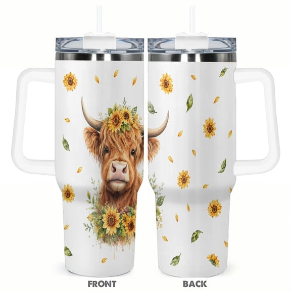 40oz Highland Cow Tumbler with Handle and Straw Sunflower Floral Farmhouse Stainless Steel Insulated Travel Coffee Cup Gift