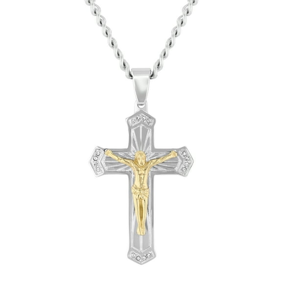 Men's Stainless Steel Yellow and White Finish Crystal Crucifix Cross Pendant - Believe by Brilliance